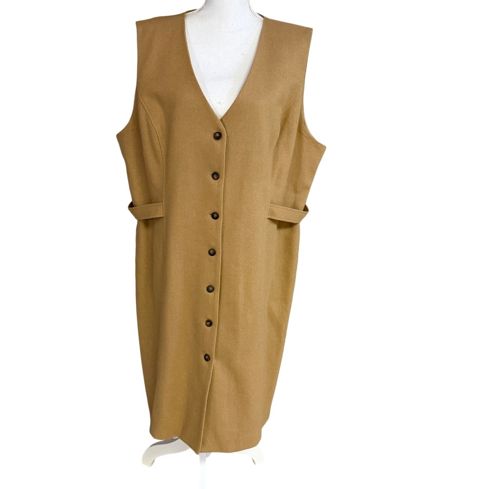 Herman Geist Camel Vest Dress 100% Wool‎ Button Front Plus Size 24W Minimalist